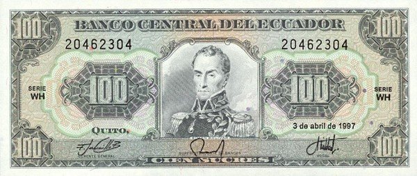 Банкнота Эквадор 1997 год 100 сукре Симон Боливар   UNC