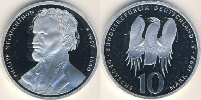 (1997a) Монета Германия (ФРГ) 1997 год 10 марок &quot;Филипп Меланхтон&quot;  редкий двор Серебро Ag 625  PROO