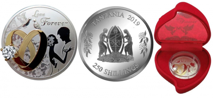 (2019) Монета Танзания 250 шиллингов &quot;Свадебный сувенир&quot;  Позолота Кристаллы Серебро Ag 999  PROOF