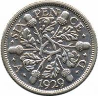 (1929) Монета Великобритания 1927 год 6 пенсов "Георг V"  Серебро Ag 500  UNC