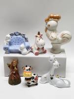 Статуэтки фарфор 5 шт и колокольчик ангел керамика (Единорог пара котов петух корова)