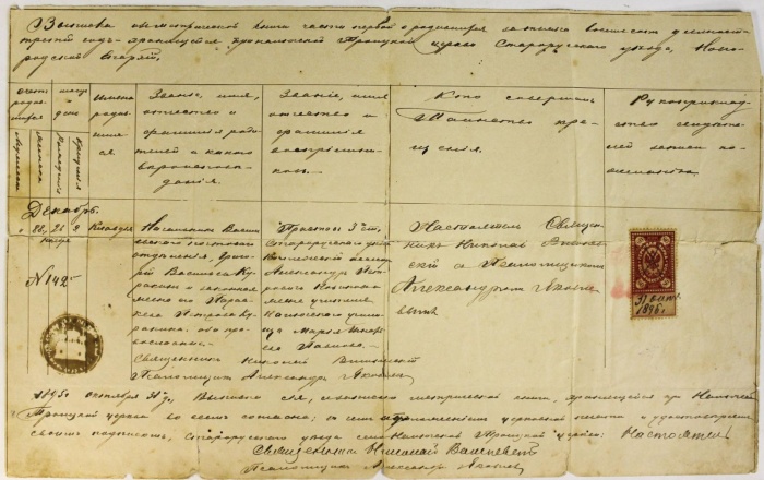 Метрика о рождении, выписка из метрической книги, 1895 г., гербовая марка 80 копеек