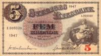 (,) Банкнота Швеция 1947 год 5 крон "Густав I Васа"   UNC