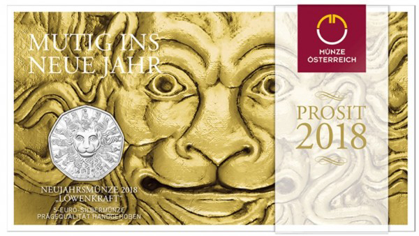 (033, Ag) Монета Австрия 2018 год 5 евро &quot;Львиная сила&quot;  Серебро Ag 925  Буклет