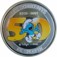 (01) Монета Бельгия 2008 год 5 евро "Смурфы"  Серебро Ag 925  COLOR