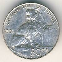 (№1901km50) Монета Бельгия 1901 год 50 Centimes (Французская легенда)
