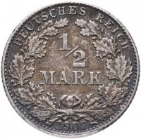 1907A Монета Германия Пруссия 1/2 марки  Серебро Ag 900  VF