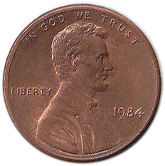 (1984) Монета США 1984 год 1 цент   150-летие Авраама Линкольна, Мемориал Линкольна Латунь  VF