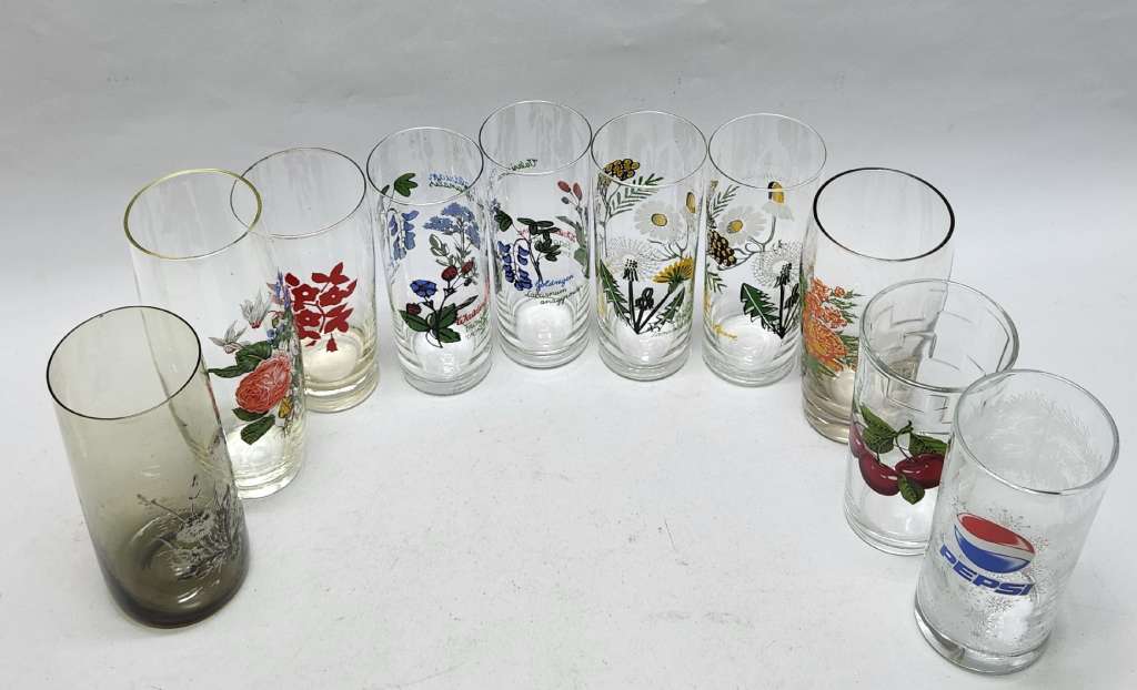 Стаканы 10 штук разных  Pepsi и с рисунком цветы, ягоды, растения, стекло