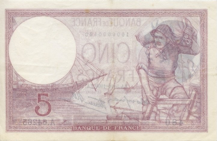 (№1939P-83a.8) Банкнота Франция 1939 год &quot;5 Francs&quot; (Подписи: Le Caissier Général  Le Secrétaire Gén
