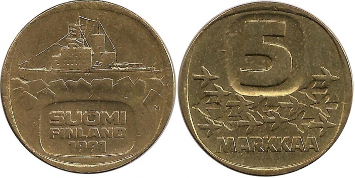1991 Монета Финляндия 1991 год 5 марок Ледокол Урхо Латунь  XF