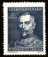 (1948-014) Марка Чехословакия "Й. Шайнер (Серо-голубая)"    11 Сокол конгресс, Прага III Θ
