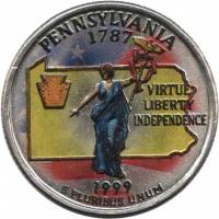 (002p) Монета США 1999 год 25 центов "Пенсильвания"  Вариант №2 Медь-Никель  COLOR. Цветная
