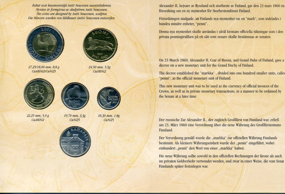 (2001, 5 монет, жетон) Набор монет Финляндия 2001 год &quot;Последние финские марки&quot;   Буклет