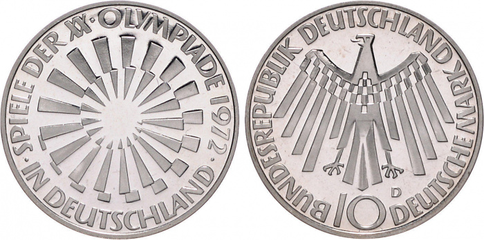 (1972d) Монета Германия (ФРГ) 2002 год 10 марок &quot;XX Летняя Олимпиада Мюнхен 1972 Эмблема&quot;  Серебро A