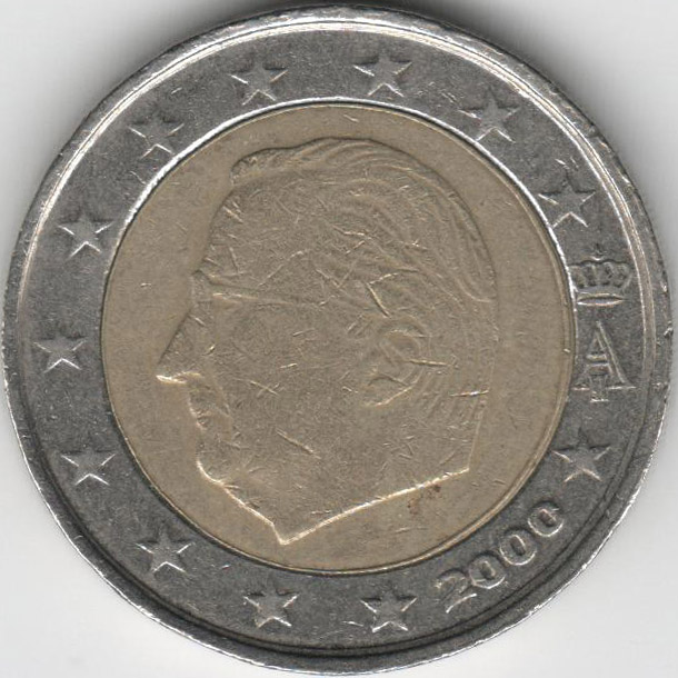 (2000) Монета Бельгия 2000 год 2 евро  1 тип. Альберт II Биметалл  VF