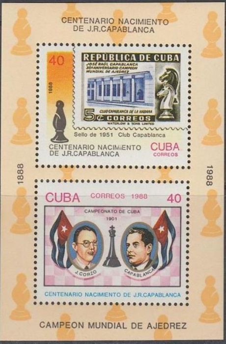 (1988-058) Блок марок  Куба &quot;Х. Корсо и Р. Капабланка&quot;    100 лет со дня рождения Хосе Рауля Капабла