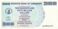 Банкнота Чек на предъявителя Зимбабве 2008 год 250 000 000 долларов Слон   UNC