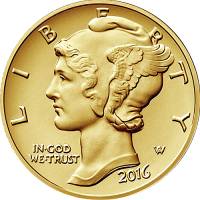 (2016w) Монета США 2016 год 10 центов   Золотой ''Меркурий'' Золото Au 999  UNC