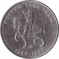 (1997) Монета Норвегия 1997 год 5 крон "Почта Норвегии 350 лет"  Медь-Никель  UNC