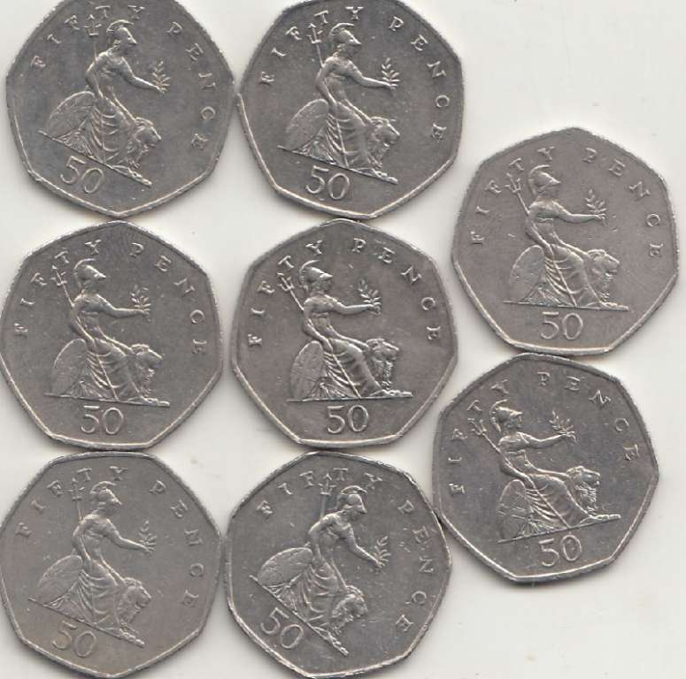 Монеты 50 пенсов Англия 8 шт (сост. на фото)
