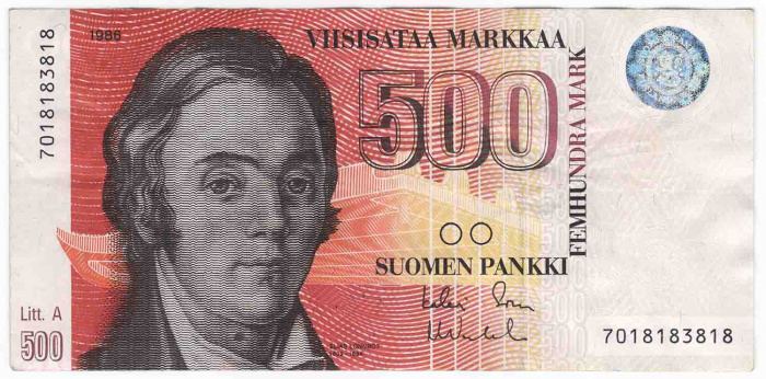 (1986 Litt A) Банкнота Финляндия 1986 год 500 марок &quot;Элиас Лённрот&quot; Sorsa - Vanhala  XF