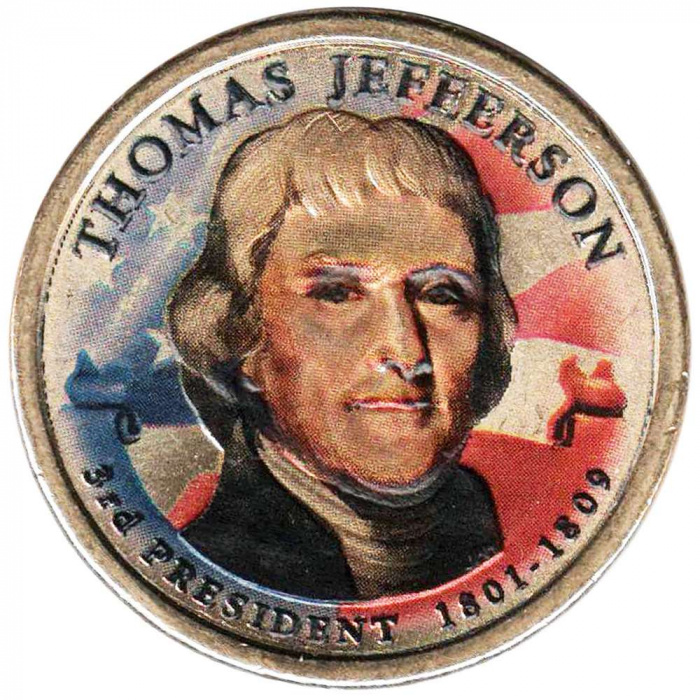 (03d) Монета США 2007 год 1 доллар &quot;Томас Джефферсон&quot;  Вариант №2 Латунь  COLOR. Цветная