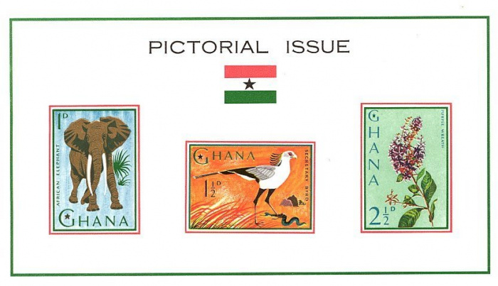 (№1964-14) Блок марок Гана 1964 год &quot;Африканский Слон Secretarybird Венок Queen039s&quot;, Гашеный