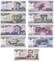 (2002-2008, 9шт, 5 - 5000 вон) Набор банкот Северная Корея 2002-2008 год "Образцы"   UNC
