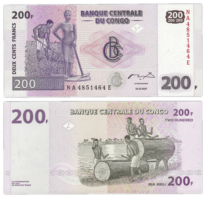 (2007) Банкнота Дем Республика Конго 2007 год 200 франков &quot;Земледелие&quot; 2 буквы в номере  UNC