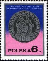 (1977-049) Марка Польша "100 злотых (1966 г.)"    День почтовой марки. Польская чеканка III Θ