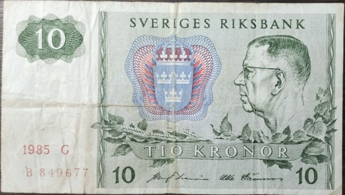 (1985) Банкнота Швеция 1985 год 10 крон &quot;Густав VI Адольф&quot;   VF