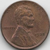 Монета 1 цент 1935 год P "100 лет со дня рождения Линкольна. Колоски Пшеницы. Надпись "ONE CENT", VF