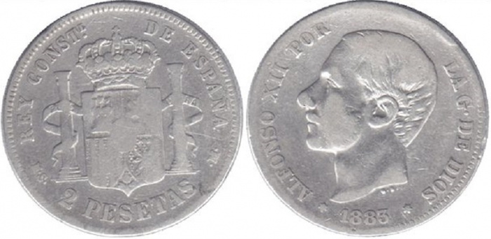 (1883) Монета Испания 1883 год 2 песеты &quot;Альфонсо XII&quot;  Серебро Ag 835  F