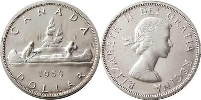 (1959) Монета Канада 1959 год 1 доллар &quot;Каноэ&quot;  Серебро Ag 800  XF