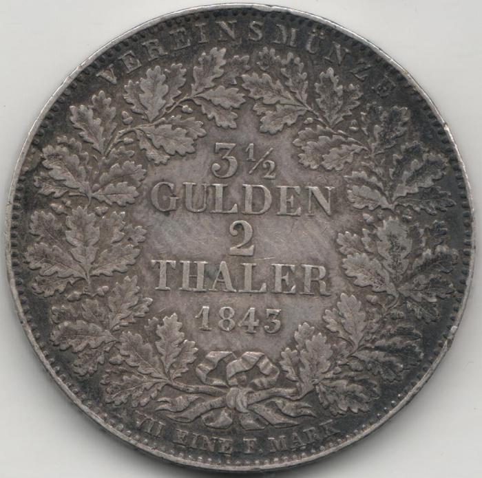 (1843) Монета Германия (Вюртемберг) 1843 год 3 1/2 гульдена 2 талера &quot;Вильгельм I&quot;  Серебро Ag 900  
