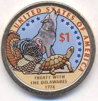 (2013p) Монета США 2013 год 1 доллар   Договор с делаварами Латунь  COLOR. Цветная