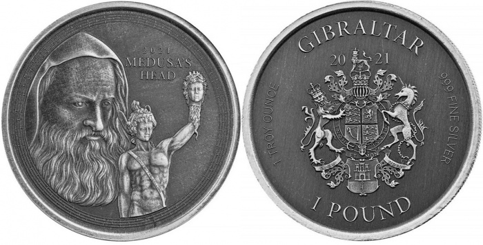 (2021) Монета Гибралтар 2021 год 1 фунт &quot;Голова Персея Бенвенуто Челлини&quot;  Текстура Серебро Ag 999  