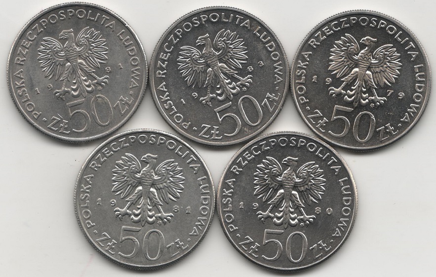 (1979-83, 5 монет по 50 злотых) Набор монет Польша 1979-1983 год &quot;Короли Польши&quot;   UNC