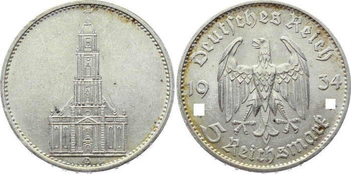 (1934d) Монета Германия (Рейх) 1934 год 5 марок &quot;Кирха в Потсдаме&quot;  Без подписи Серебро Ag 900  XF