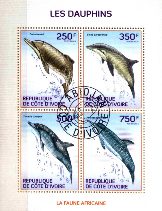 (№2014-1574) Лист марок Кот-д’Ивуар 2014 год &quot;Дельфины&quot;, Гашеный