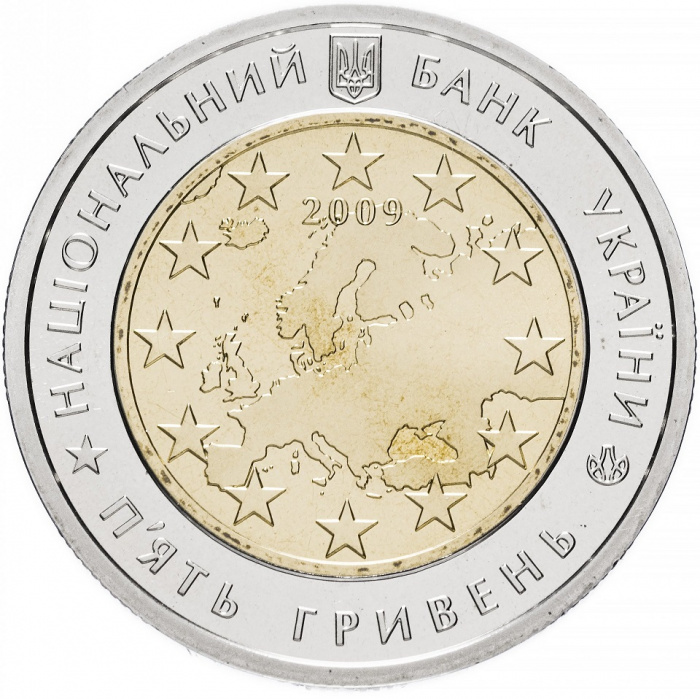 (015) Монета Украина 2009 год 5 гривен &quot;Совет Европы&quot;  Биметалл  PROOF