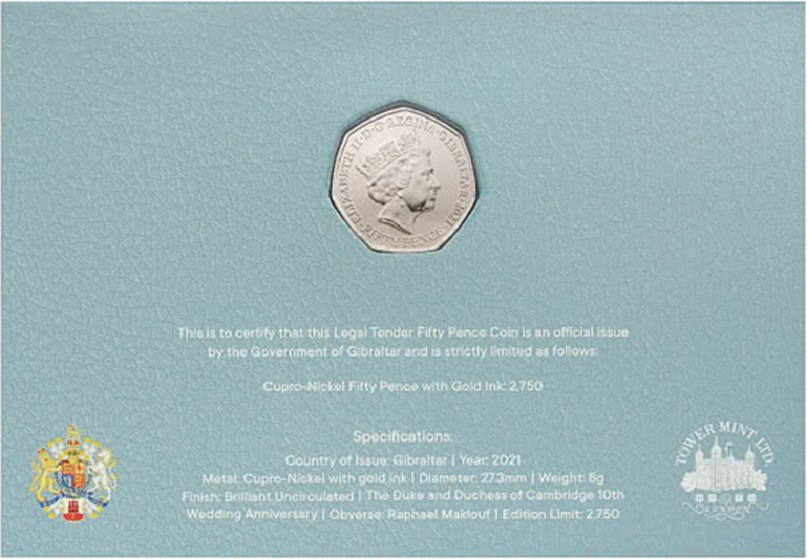 (2021) Монета Гибралтар 2021 год 50 пенсов &quot;Принц Вильям и Катерины. 10 лет свадьбы&quot;  Медь-Никель  Б