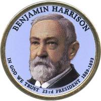 (23p) Монета США 2012 год 1 доллар "Бенджамин Гаррисон"  Вариант №1 Латунь  COLOR. Цветная