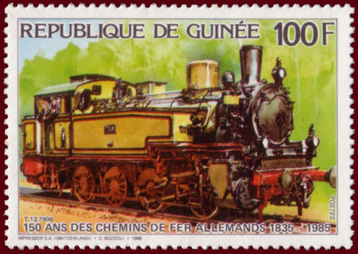 (№1986-1119) Марка из набора Республика Гвинея 1986 год &quot;Прусские железные дороги класс Т13 паровоз 