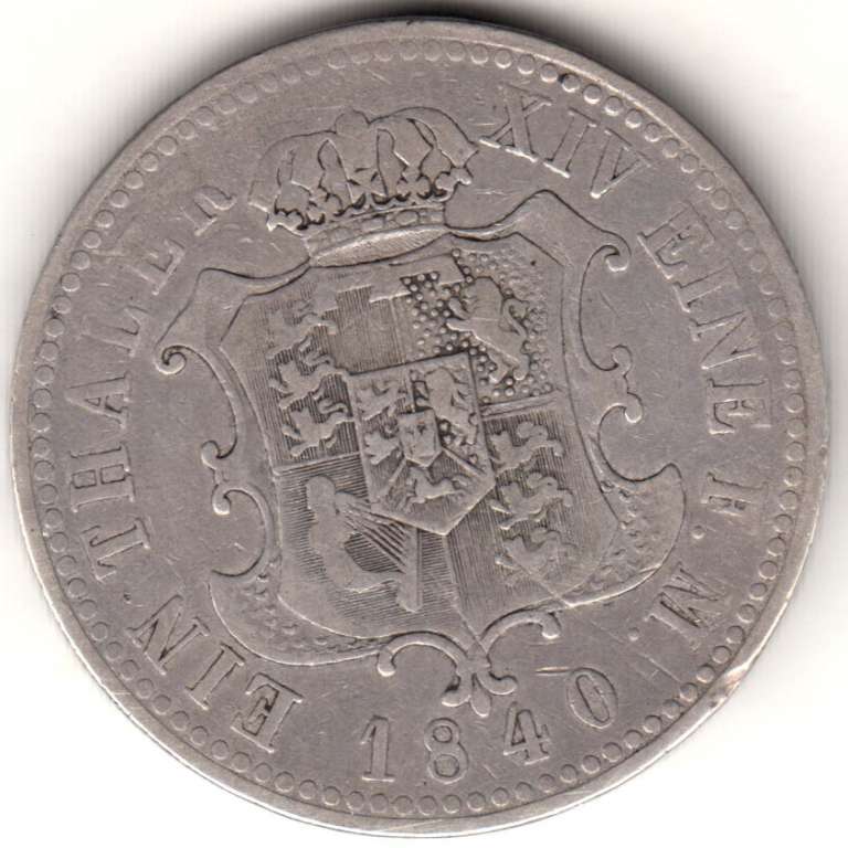 (1840A) Монета Германия (Ганновер) 1840 год 1 талер &quot;Эрнст Август V&quot;  Серебро Ag 900  VF